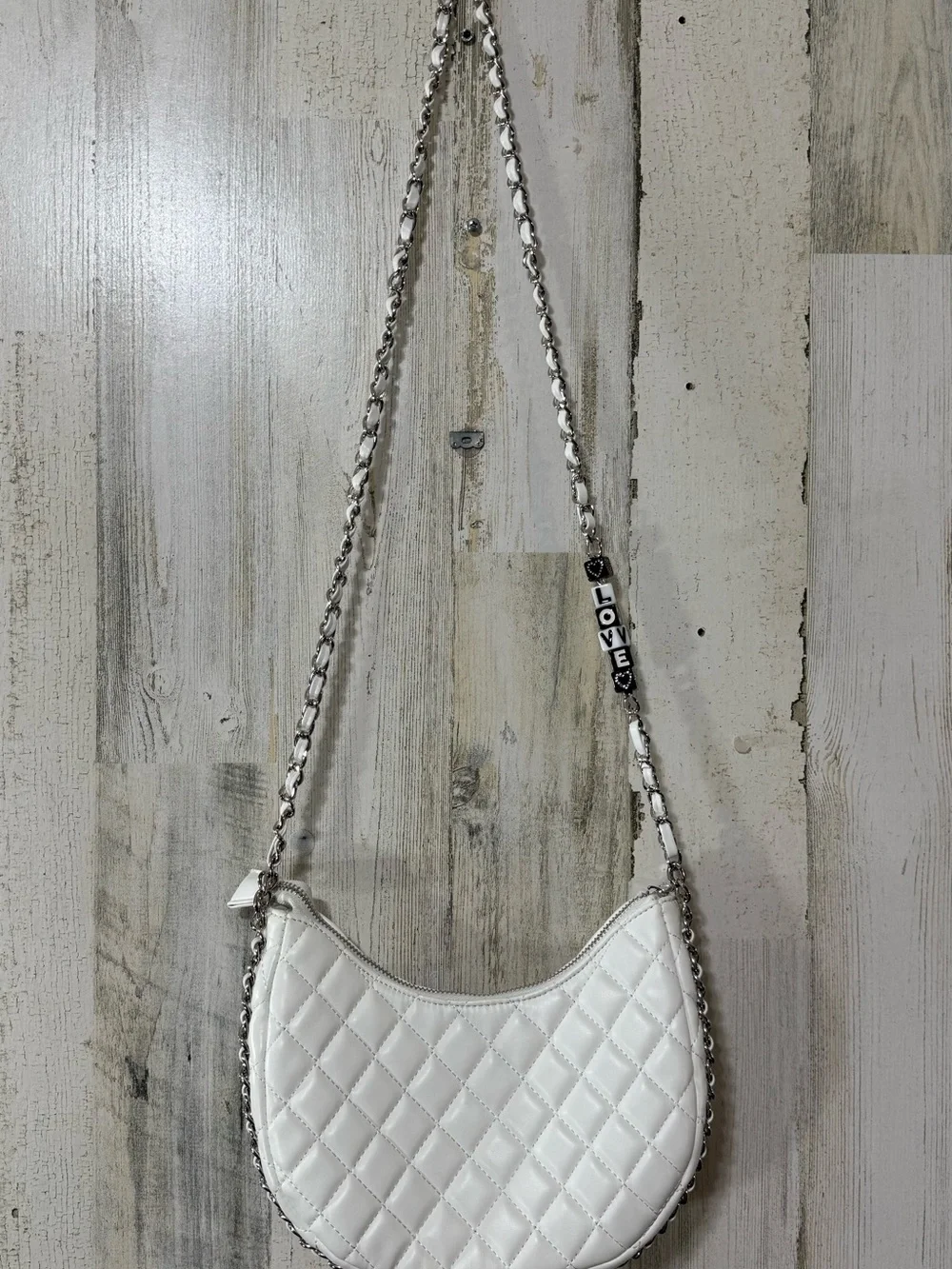 White Quilted Crossbody Bag with Chain Strap and Beaded 'LOVE' Accent